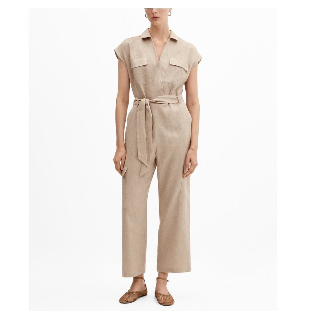 MANGO Womens Linen Belted Jumpsuit Beige Khaki Utility Cap Sleeve Wide Leg Med